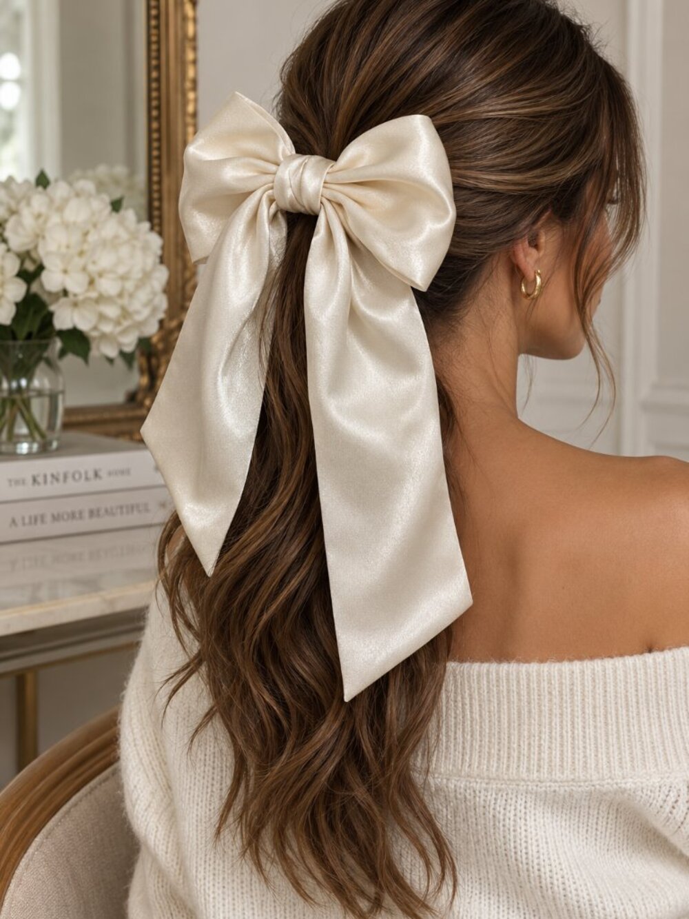 Vintage Clip Paris Oversized Satin Bow Hair Barrette Ivory NWOT